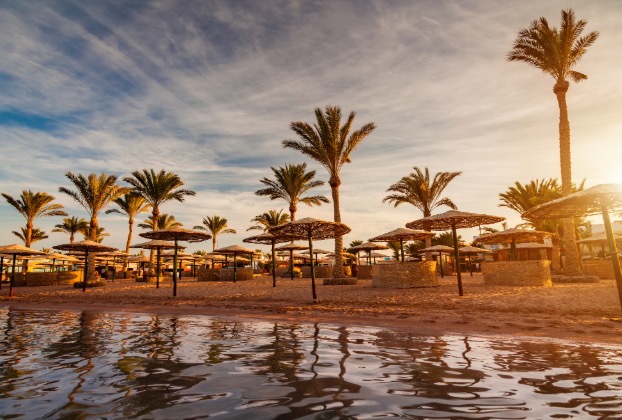Beautiful beach with palm trees at sunset
