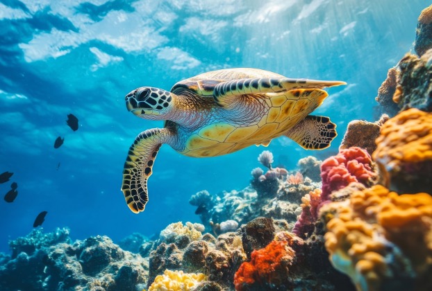 Sea turtle swimming above colorful coral reef.