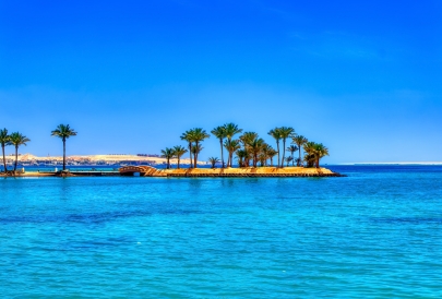 Tropical island with palm trees and clear blue water.
