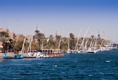 Boats lined up on a calm river bank.