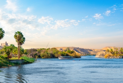 Scenic view of a river with palm trees.